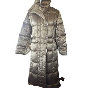 Vtg 90's Yililan Womens M/S Puffer Down Insulated Zip Long Gold Satin Parka Chic